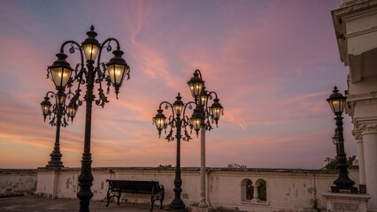 Obraz premium Classic lamp posts against dusk backdrop