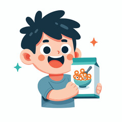 Happy child holding cereal box
