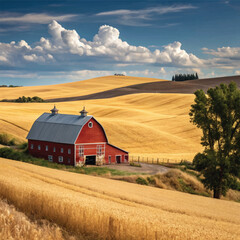 A picturesque farm scene featuring a vibrant red barn set against a backdrop of golden wheat fields under a clear blue sky. This tranquil landscape embodies rural serenity.
 
