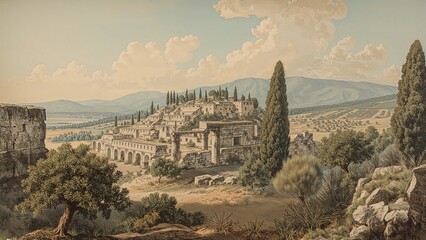 Historic Mediterranean landscape illustrated in an 18th-century French book