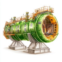 Detailed Illustration of Large Green Industrial Cylinder on Metal Frame