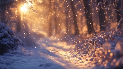 Snowy forest path illuminated by warm sunlight rays