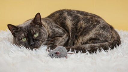 Blue tortie adult short-haired cat resting on white faux fur rug with grey mouse toy, gazing at camera against yellow backdrop