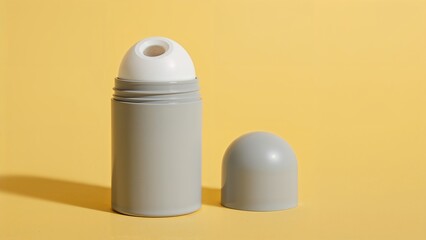A deodorant bottle in grey, open, placed on a yellow background. Strategy to decrease foam.