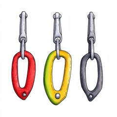 Detailed Illustration of Red Yellow and Gray Oval Carabiners Climbing Quickdraw on White