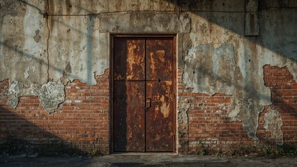Old iron gate showing signs of rust against a fragile brick wall
