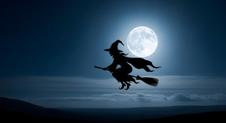 Silhouette of a witch flying on a broomstick against the backdrop of a full moon in a surreal