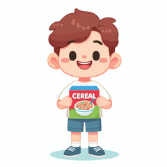 Happy child holding cereal box