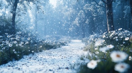 Snowy forest path with blooming flowers and soft light