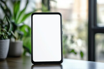 A modern smartphone stands upright on a wooden table with a blank screen. Lush indoor plants surround it, illuminated by bright sunlight streaming through nearby windows, creating a lively atmosphere