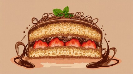 An image portraying a delightful pastry adorned with strawberries and chocolate