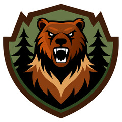 Roaring Bear Mascot: Symmetrical Forest Badge with Sharp Claws and Stylized Fur