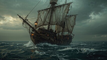 Fototapeta premium An old phantom ship sailing through turbulent ocean waves generated by AI