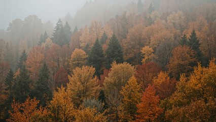 A mist-covered forest in the midst of autumn