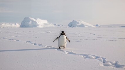 A penguin makes its way across a snowy seashore