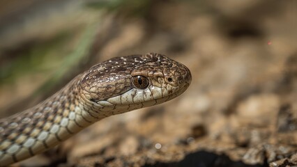Fototapeta premium Detailed face shot of a mature black western whip snake, Hierophis viridiflavus