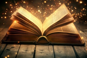 A book with illuminated pages rests open on a wooden surface, casting enchanting light and a captivating aura, highlighting the charm of twilight magic and wonder