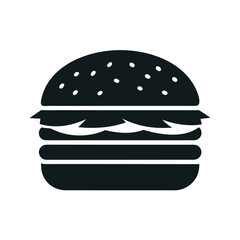 Simple black silhouette of a hamburger with multiple layers, including a bun, patty, and lettuce, isolated on a white background, symbolizing fast food and american cuisine