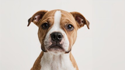 Close-up portrait of a young American Staffordshire Terrier against a white backdrop