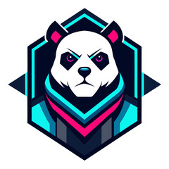 Futuristic panda with angular forms and neon accents inside a sleek vector gaming emblem.