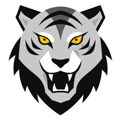 Fierce grayscale tiger head with bold stripes and glowing yellow eyes in a minimal glowing badge.