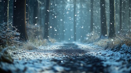 Snowy forest path with falling snow and serene atmosphere