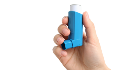 Human hand holding a blue inhaler, symbolizing asthma management, respiratory health, and medical care. isolated on solid white background Png