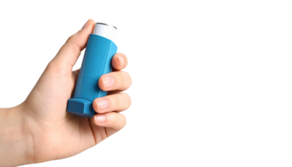 Human hand holding a blue inhaler, symbolizing asthma management, respiratory health, and medical care. isolated on solid white background in Png