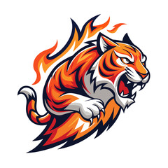 Leaping tiger with trailing flames, stylized in a clean and dynamic vector badge.
