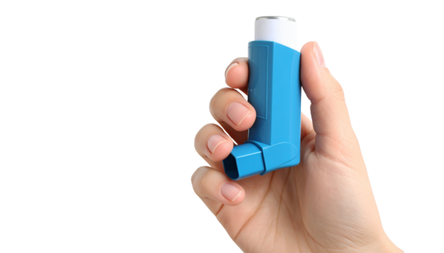 Human hand holding a blue inhaler, symbolizing asthma management, respiratory health, and medical care. isolated on solid white background Png