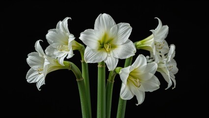 Fototapeta premium Black Background Highlighting White Mini Amaryllis Blooms