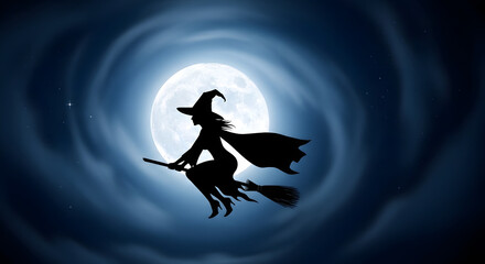 Silhouette of a witch flying on a broomstick against a backdrop of a radiant full moon