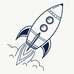 Fototapeta premium Simple hand drawn outline of a classic rocket ship blasting off with smoke and flames against a white background