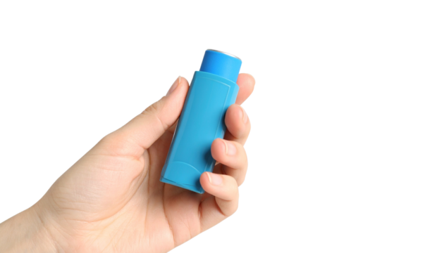 Human hand holding a blue inhaler, symbolizing asthma management, respiratory health, and medical care. isolated on solid white background Png form