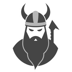 Minimalist grayscale viking with braided beard and axe symbol in sharp vector format.