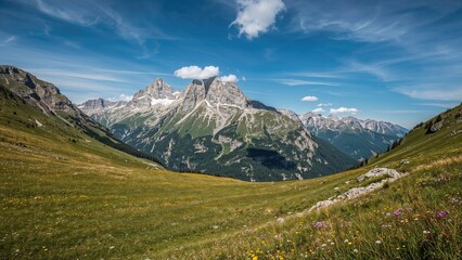 Fototapeta premium Summer travel view of a verdant mountain range under a bright blue sky