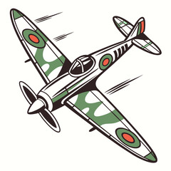 Iconic spitfire fighter plane in flight with camouflage and roundels