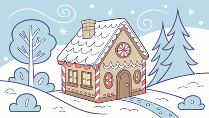Gingerbread house in a snowy winter landscape with trees, a sweet treat for the christmas holiday season, decorated with frosting and candy isolated on white background