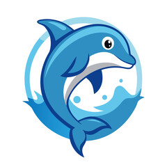 Jumping dolphin with smiling face and water splash trail, set in a playful marine crest.