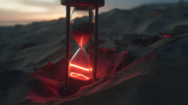 Translucent hourglass with memories as sand, some grains glowing red to signify cognitive health concerns.