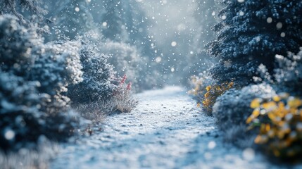 Snowy forest path with vibrant foliage and snowfall