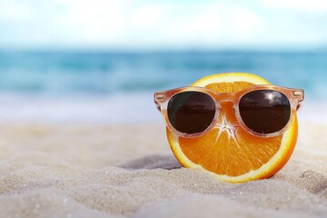 A bright sliced orange wearing stylish sunglasses rests on soft sandy beach with vibrant blue sea in the background. The scene captures the essence of summer relaxation and fun