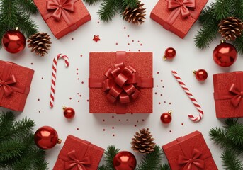 Festive christmas gift box arrangement with ornaments and pinecones