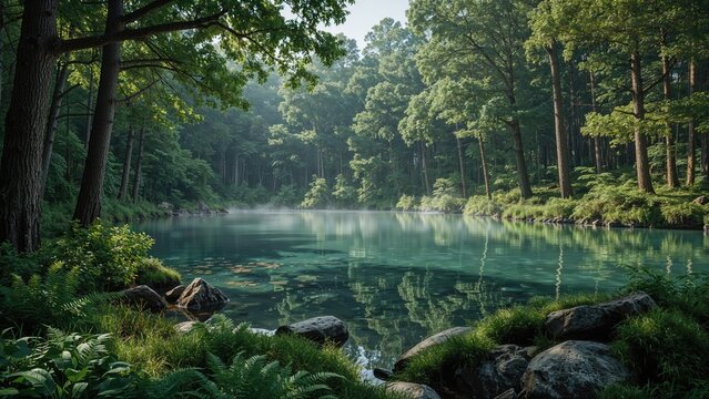 A water body resembling an oxygen molecule nestled within dense greenery symbolizing nature's air cleansing mechanisms. 3D visualization.