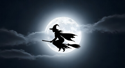 Silhouette of a witch flying on a broomstick against a bright full moon background