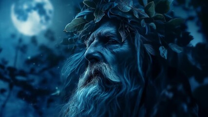 Fantasy-style portrait of wise old man with leaves in hair under moonlight. Mythical forest concept.
- Powered by Adobe