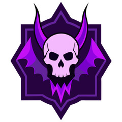 Purple demonic skull with winged horns and glowing edges, set inside a mystical vector badge.