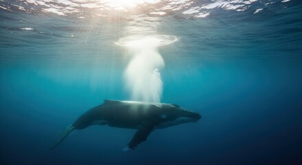 Naklejka premium Majestic humpback whale in underwater sunlight