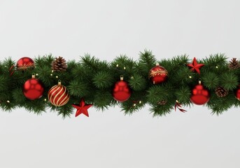 Festive green christmas garland adorned with red ornaments and pinecones