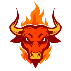 Flaming bull head with cracked horns and a fiery snarl, drawn in bold lines and heated colors.